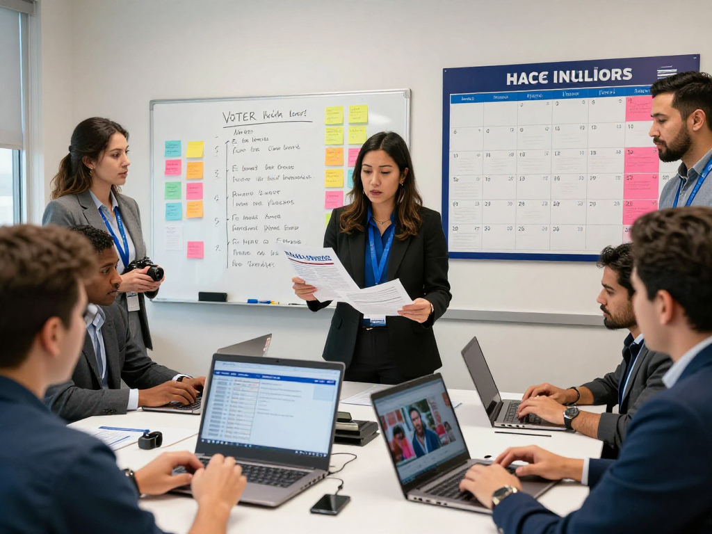 Political fundraising platform in action with campaign manager analyzing voter data and collaborating with team members.