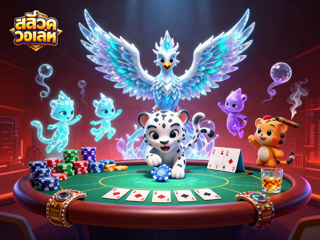 Spin the reels with สล็อตวอเลท as mythical creatures and poker elements create a dazzling casino scene.