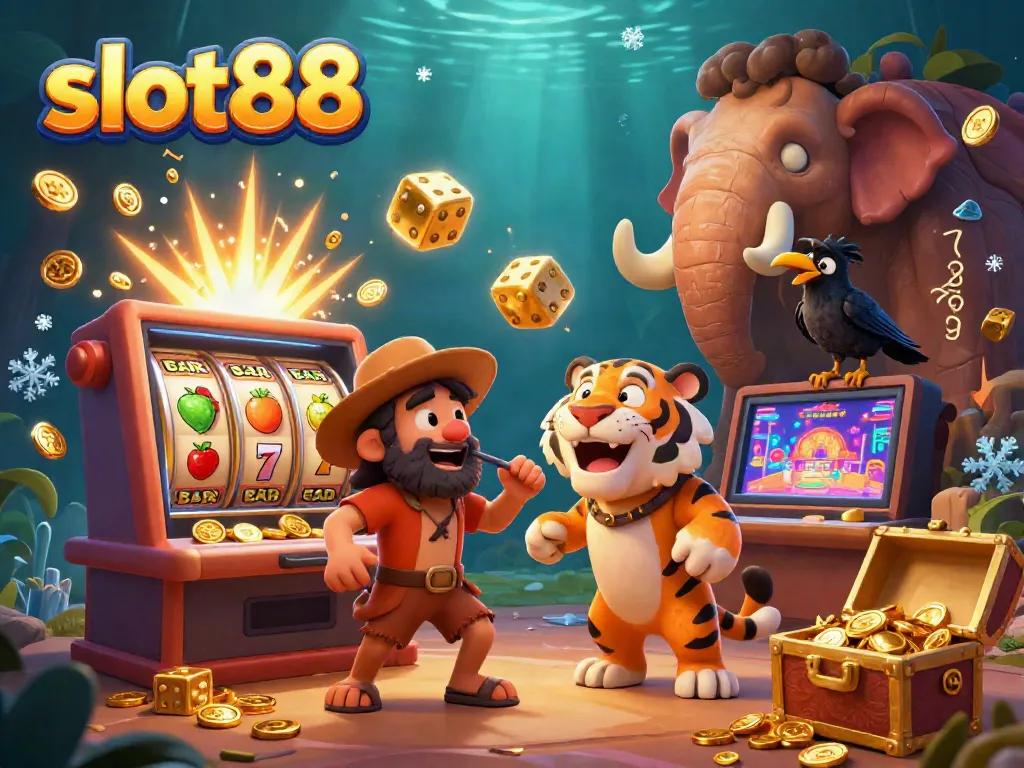 Play thrilling slot88 games with exciting characters and lavish jackpots exploding in a vibrant casino scene.
