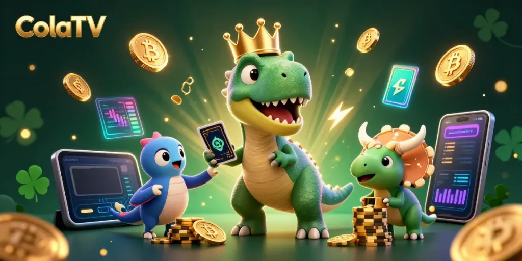 ColaTV showcases an engaging casino scene featuring cartoon dinosaurs and crypto elements.