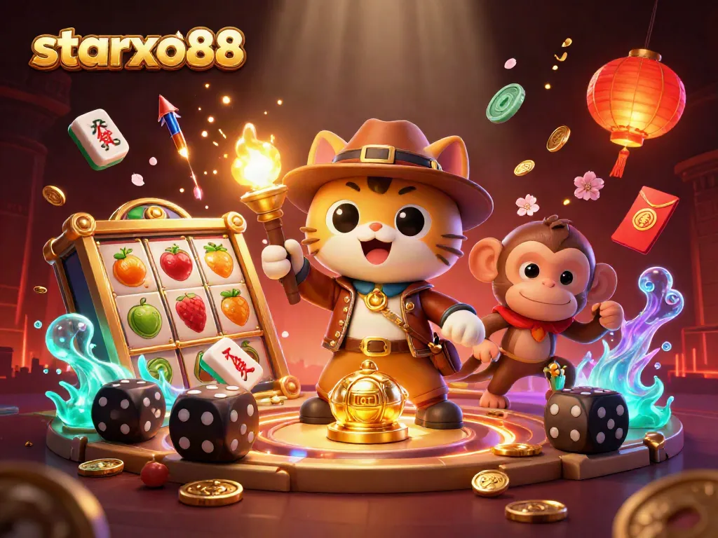 Experience the excitement at starxo88, where a lucky cat uncovers golden treasures in a vibrant casino setting.