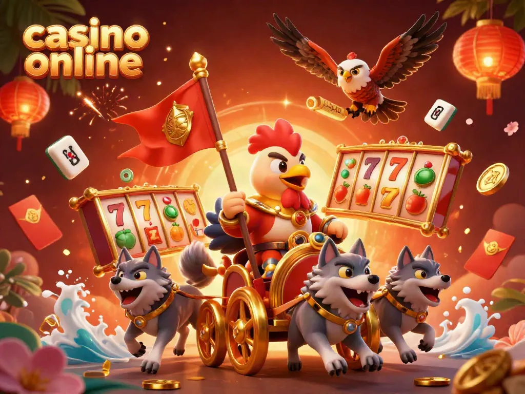 Engage with the vibrant casino online scene featuring a rooster warlord in a golden chariot amidst gaming symbols.