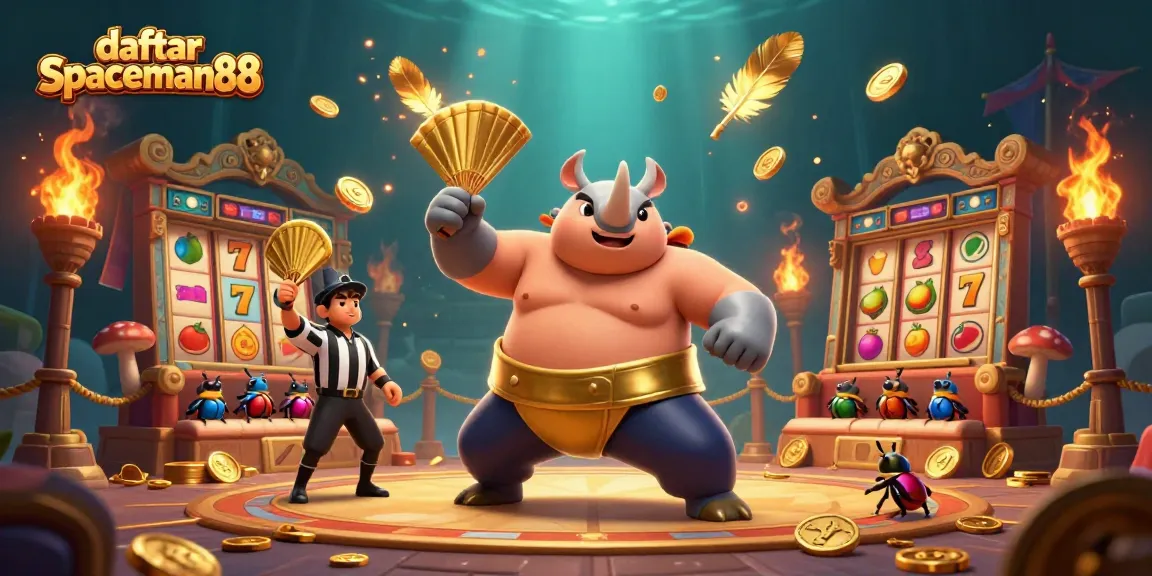 Engaging scene of a sumo beetle champion celebrating as golden coins fly during a fun gaming session at daftar spaceman88.