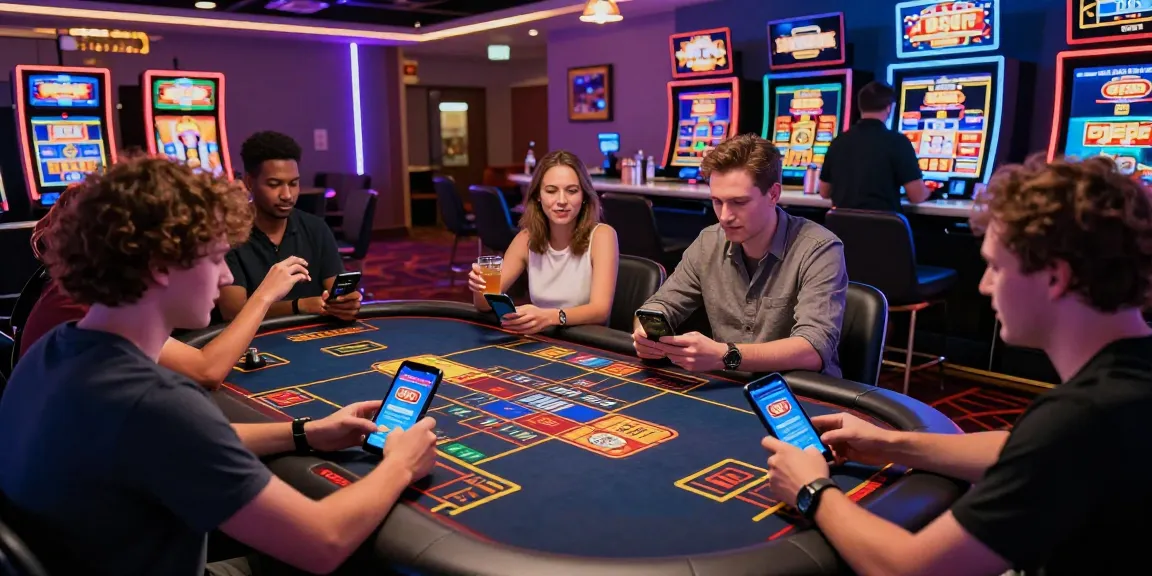 Spieler, die an einem Paysafe Card Casino Erlebnis teilnehmen, nutzen mobile Geräte an lebhaften Spieltischen, voller Aufregung und bunten Spielautomaten.