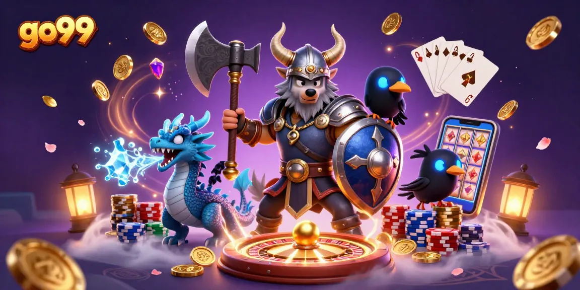 Experience exciting gameplay at go99 with a Viking warrior and dragon amidst thrilling casino elements.