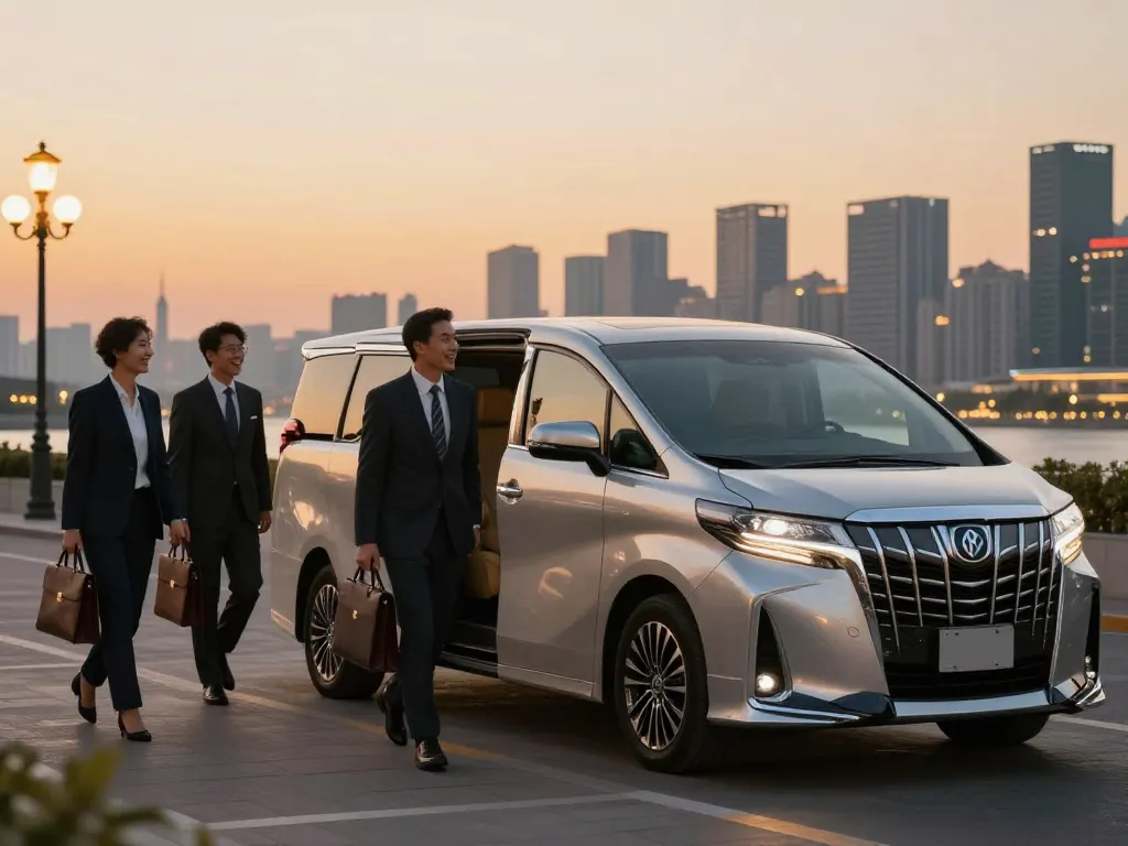 cho thuê xe Alphard cùng với các chuyên gia đến phong cách tại bối cảnh đường chân trời thành phố trong ánh hoàng hôn