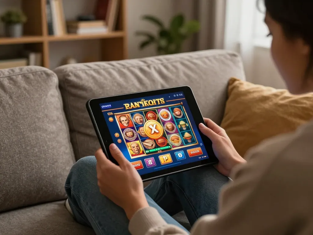 Player enjoying 678vip slot games on tablet in cozy living room atmosphere