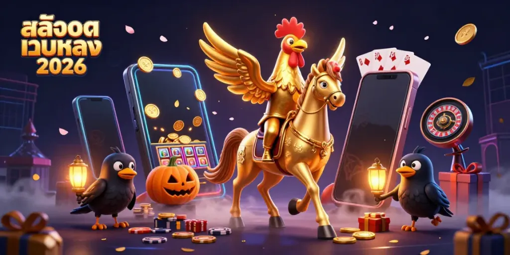 Engaging visual of สล็อตเว็บตรง 2026 featuring a golden rooster and slot game elements in a vibrant casino setting.