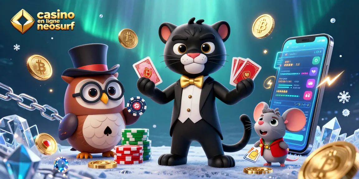 Jouez au casino en ligne Neosurf avec des personnages animés, cartes et jetons autour.