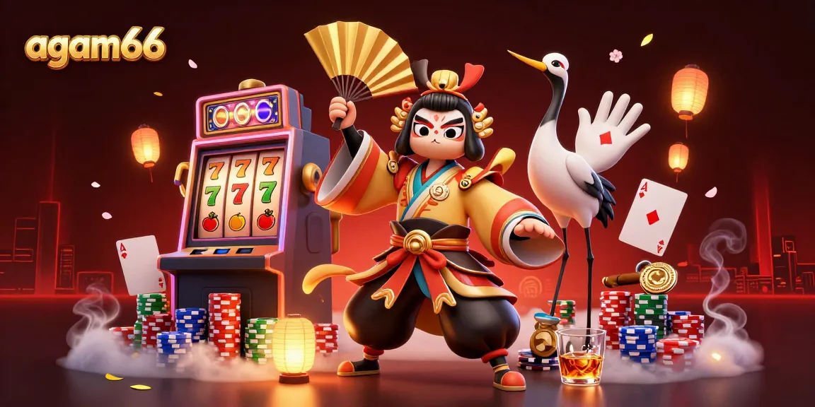 Spin and win at agam66 with a vibrant slot machine scene featuring a kabuki warrior and a kitsune companion.