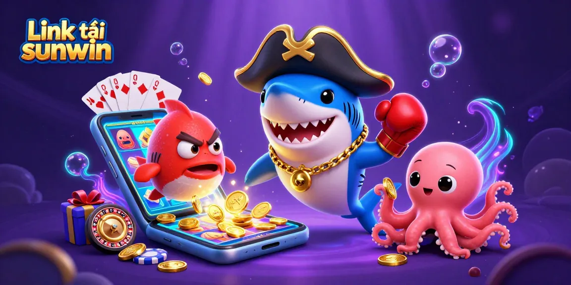 Get the latest Link tải sunwin with a vibrant casino-themed illustration featuring cartoon characters.