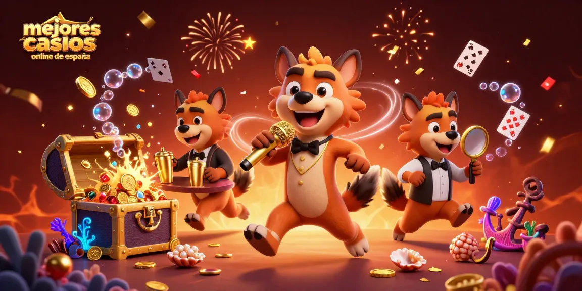 Mejores casinos online de España representados con diversión en un club de comedia y premios brillantes.